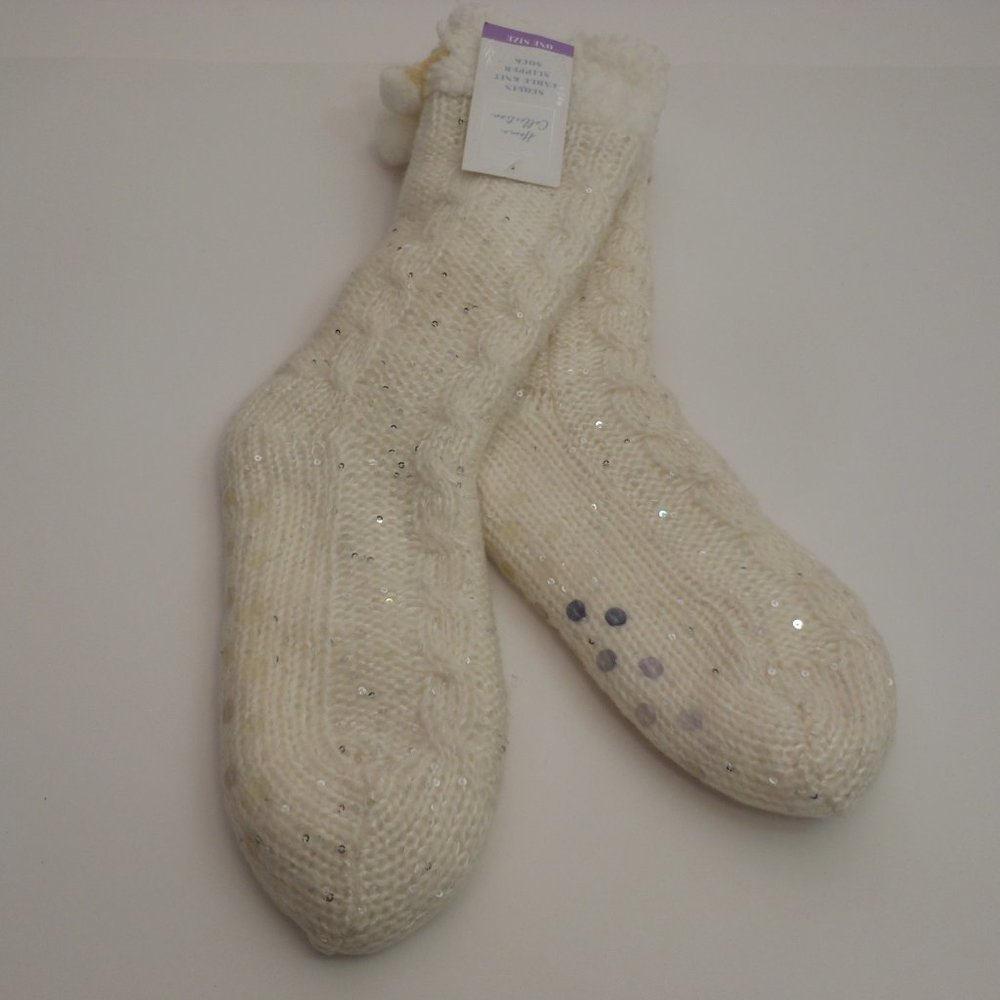 HOME COLLECTION SEQUIN CABLE KNIT SLIPPER SOCKS - ONE SIZE FIT ALL